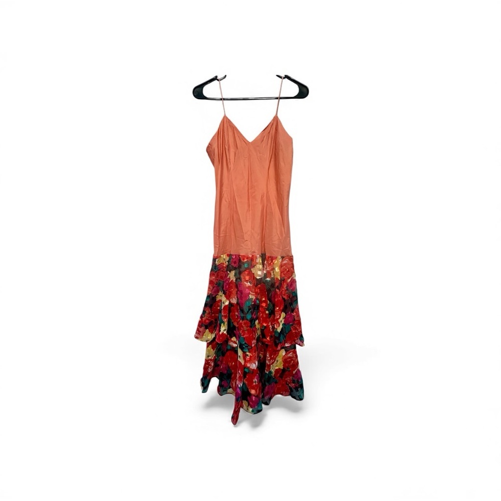 Vintage 80s Coral Party Dress w/ Tiered Floral Skirt Size 4/6